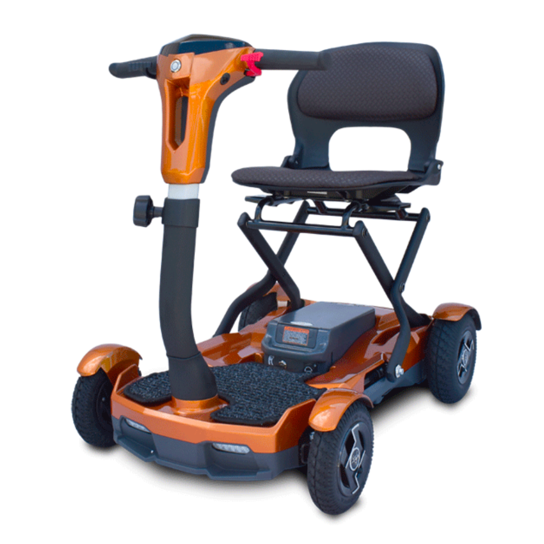 The EV Rider Teqno Automatic Folding Portable Travel Scooter is an orange, lightweight scooter with a comfortable seat—ideal for easy transport and portability.
